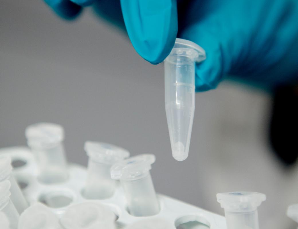 Close up of hand and laboratory equipment
