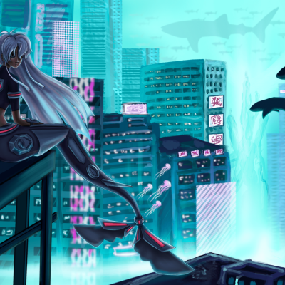 Animated picture of girl in city landscape